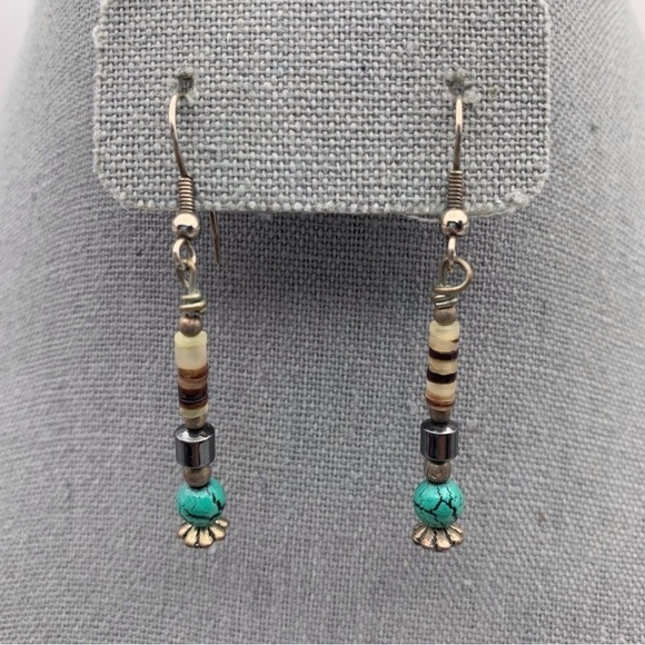 Faux Turquoise Blue and Brown Long Beaded Dangle Earrings Silver Tone Hook - Picture 1 of 5